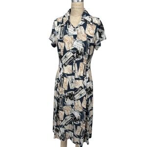 Tiffany Vintage Print Blue Button Up Dress Short Sleeve Double Collar Size M